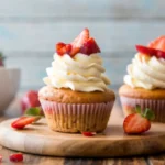 an image of strawberry cheesecake cupcakes on a wooden table, highlighting the graham cracker crust, creamy filling, and strawberry sauce